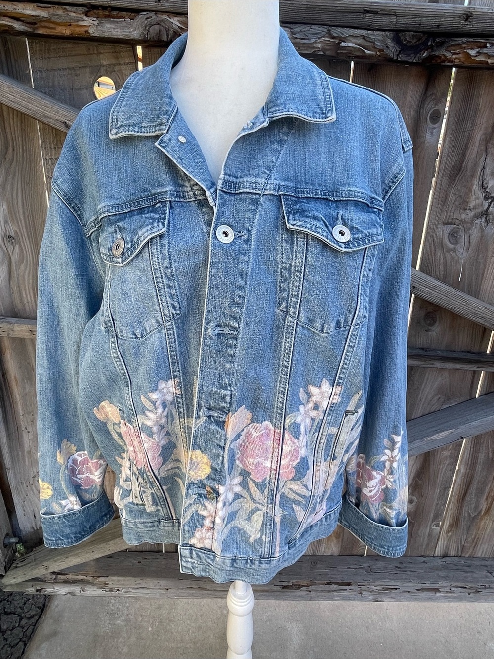 INC International Concepts Light Blue Denim Jacket with Pastel Floral Embroidery